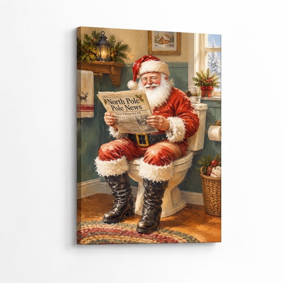 Elmivo Art Funny Whimsical Bathroom Decor Santa Claus Toilet Reading Newspaper Framed Canvas Wall Art 8x12