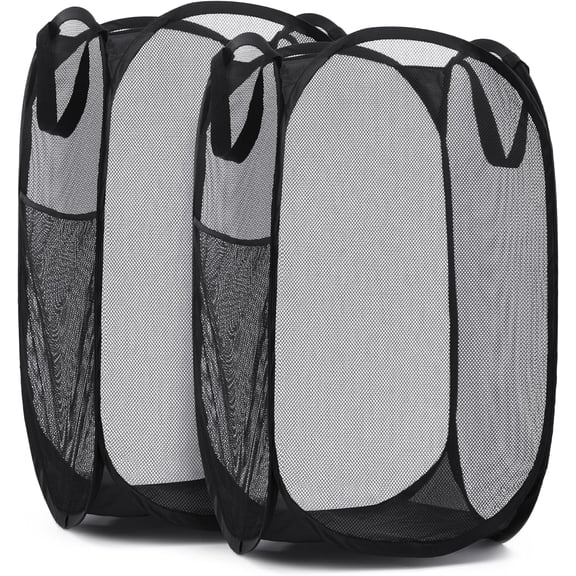 PLERISE 2-Pack Pop up Laundry Hamper, Large Collapsible Mesh Basket with Side Pocket, Breathable & Space-Saving for Clothes, Toys, Travel, Dorm, Black