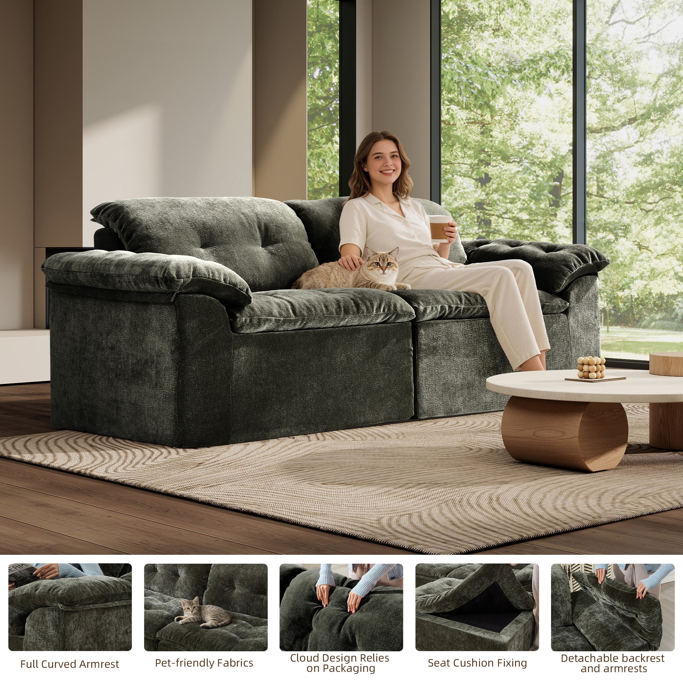 Aukfa 2-Piece Cloud Modular Sectional Sofa for Living Room, Ice Flower Chenille, Green