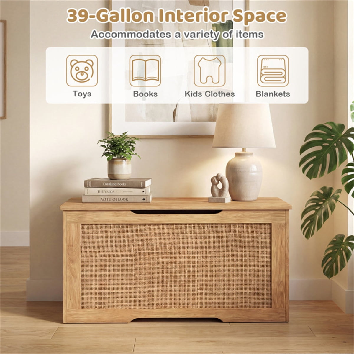 39 Gallon Natural Wooden Toy Box Storage Chest with Soft Close Lid Rattan Look Kids Storage Bench 350 lbs Weight Capacity for Playroom Bedroom Entryway