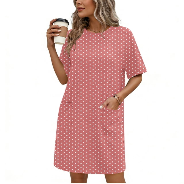 TaTaai Women's Fashion Solid Color Round Neck Short Sleeve Dress with Pockets Classic Casual Style Soft Elastic Fabric Comfortable Midi Dress for Spring Summer Daily Life Gift
