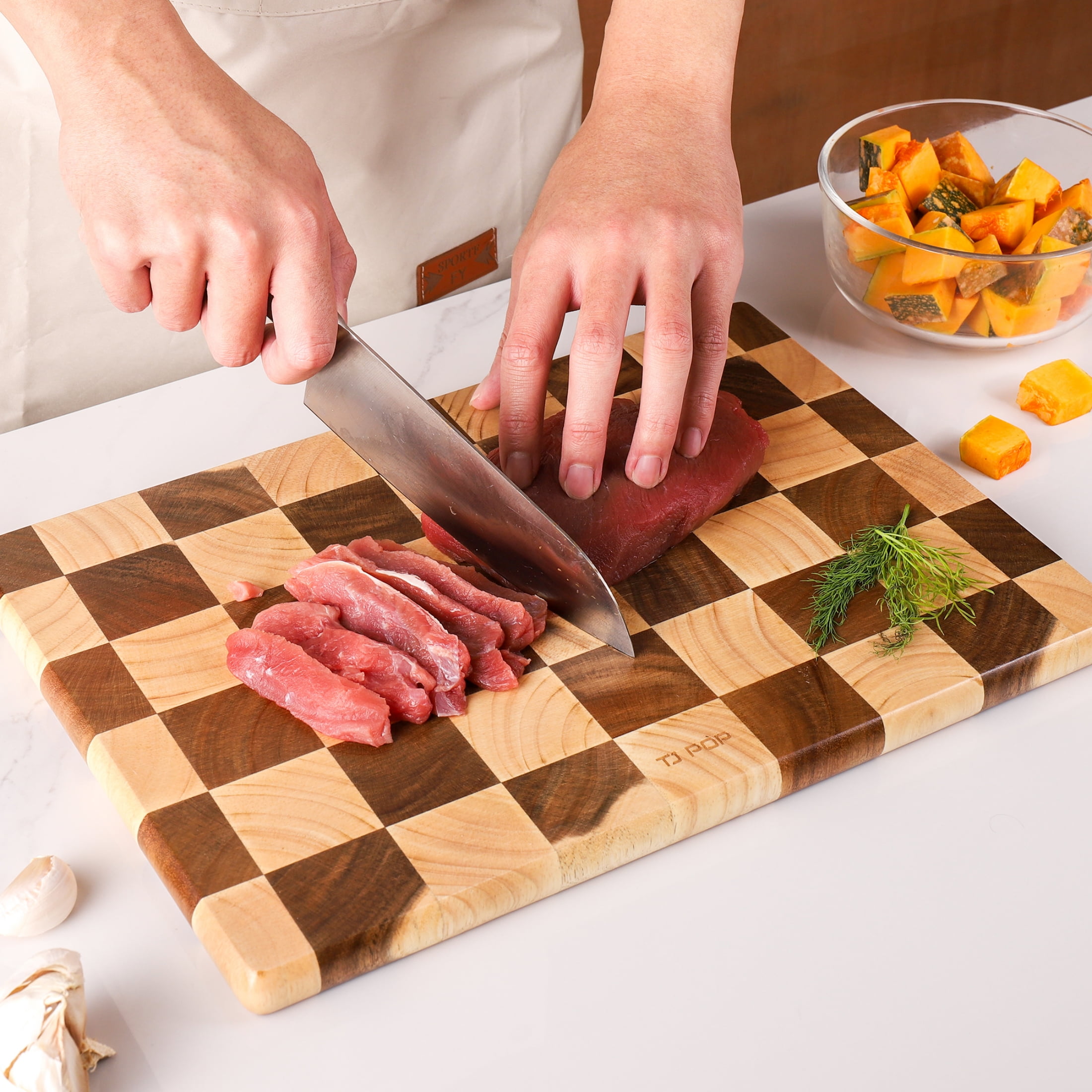 TJ POP Acacia Wood Cutting Board,End Grain Chopping Board, 14.5 x 10 x 0.8 Inch