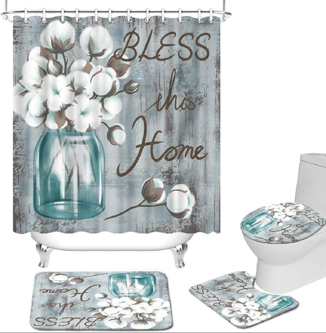 Farmhouse Bathroom Sets with Shower Curtain and Rugs Sign Bless This