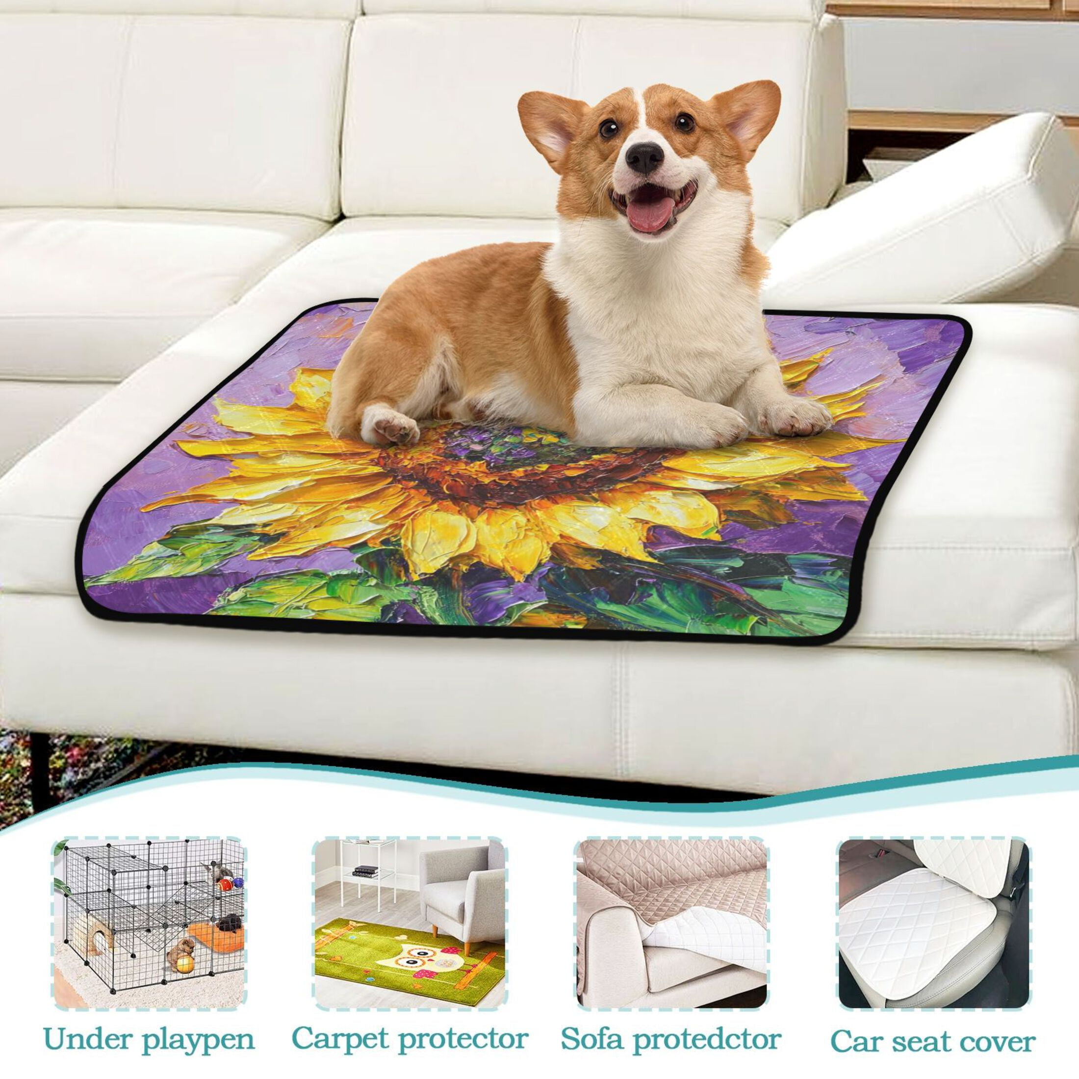 Qxltty Bright Yellow Sunflower Cat litter Pads Pet Set of 3 Diaper Mats Center Anti-leakage Layer Absorbent Soft and Comfortable
