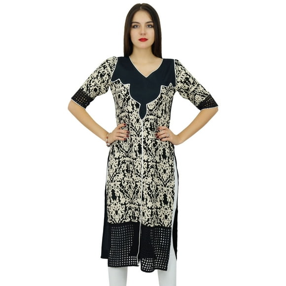 Bimba Womens Long Tunic Black Straight Kurti Designer Printed Kurta Indian Casual Formal Clothing