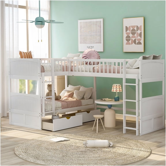 JERFIT Size Bunk Bed with a Loft Bed attached with Two Drawers White