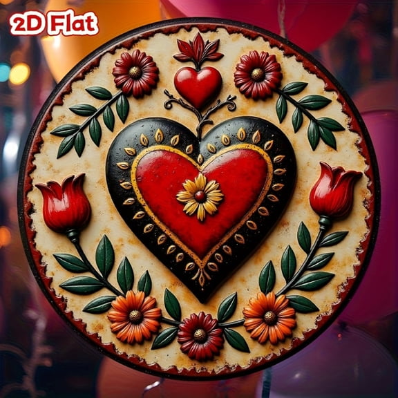 HELLOYOUNG Vibrant Mexican Sacred Heart Flat Metal Wall Art, Boho Folk Decor for Living Room, Rustic Religious Tin Sign