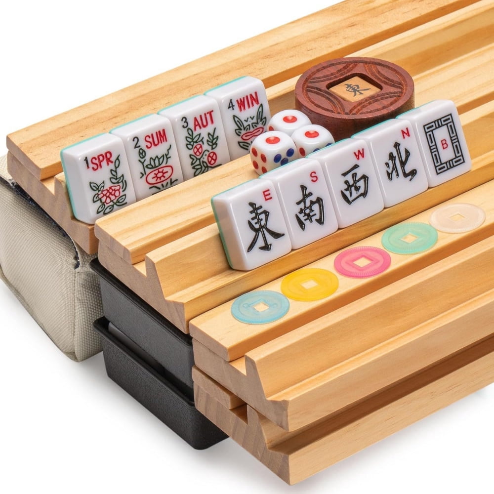 American Mahjong Set - 166 premium white mahjong tiles, 4 integrated tile holders/pushers, canvas bag
