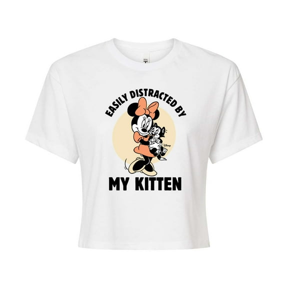Disney Classics - Easily Distracted By Kittens Minnie - Juniors Cropped Cotton Blend T-Shirt