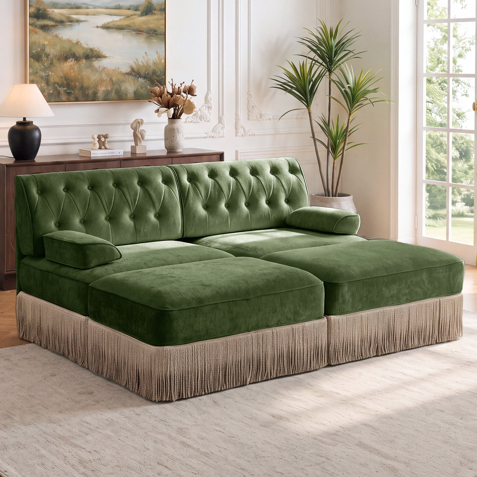 76.6" Chesterfield L-Shaped Modular Sectional Loveseat Sofa Set with 2 Ottoman and Tassel Skirt, Easy to Assemble