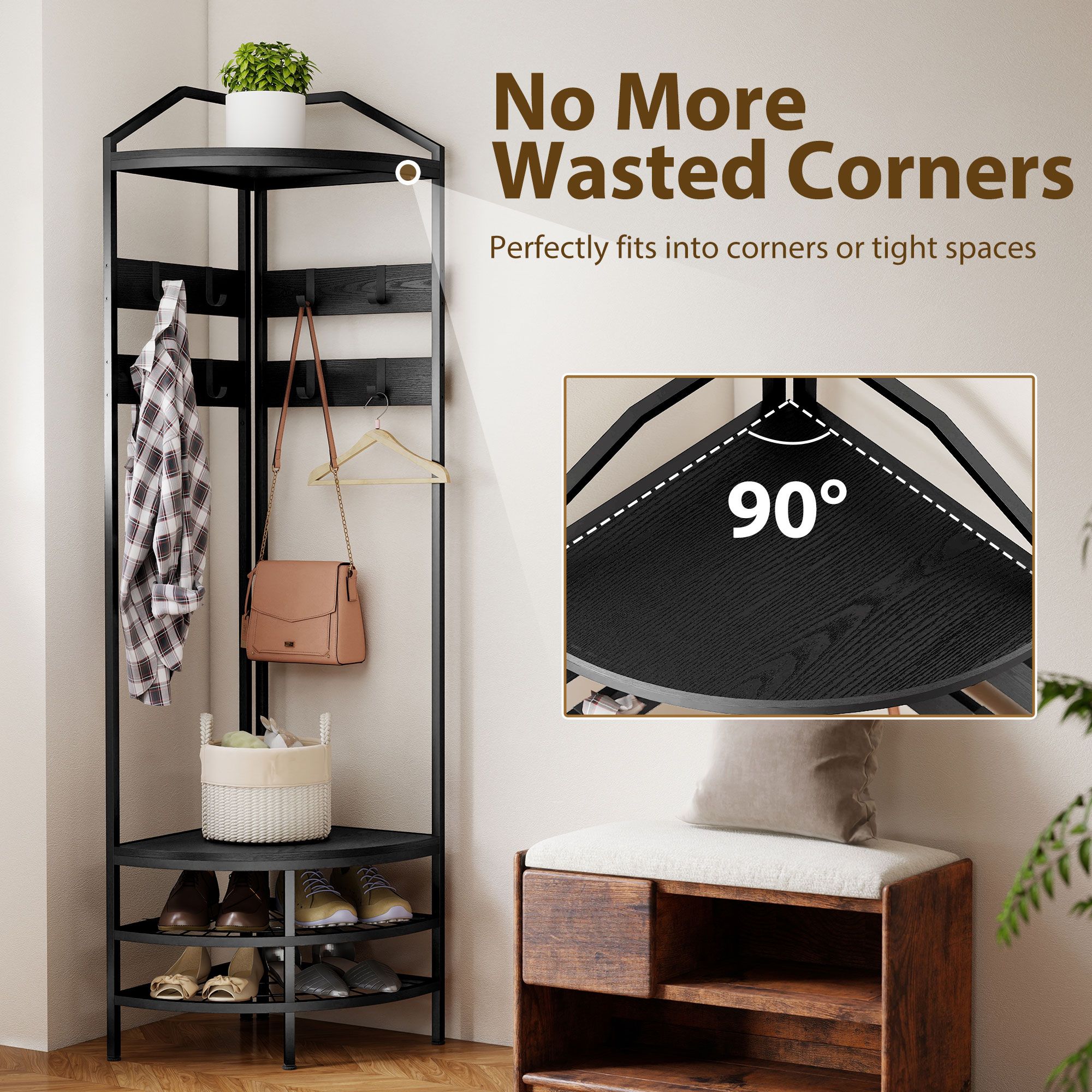 17.7IN Corner Hall Tree with 8 Movable Hooks Shoe Rack Shelves Industrial Style Entryway Organizer