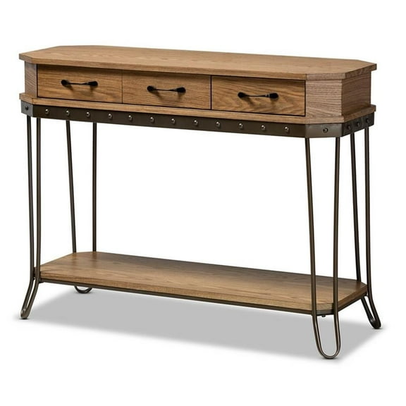 Bowery Hill Brown Wood and Black Finished Metal 3-Drawer Console Table