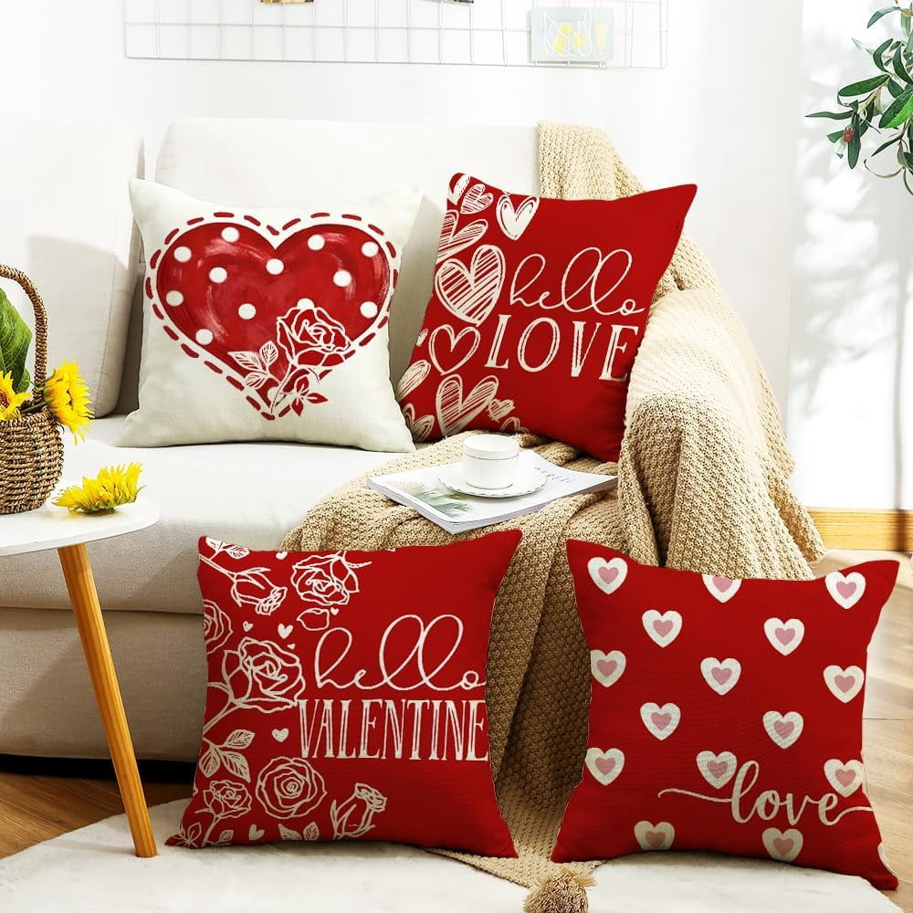 Valentines Day Pillow Covers 20 x 20 Inch Set of 4 Big Red Polka Dot Heart Small Hearts Pattern Valentine Throw Pillows Decorative Cushion Cases Valentines Decor