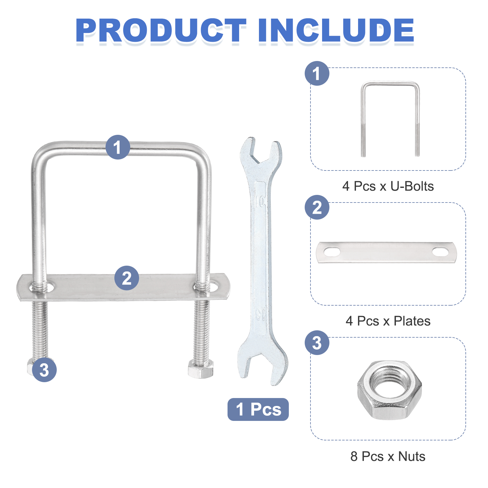 Uxcell 4 Sets M8 Square U-Bolts, 2.76" Inner Width 3.94" Length 304 Stainless Steel U Clamp Bolts with Nuts, Plates and Wrench