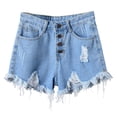 thumbnail image 2 of Low Rise Jean Shorts Women's Distressed Casual Denim Shorts High Waisted Button Tassels Hem Jean Shorts for Summer Travel Light Blue L, 2 of 7