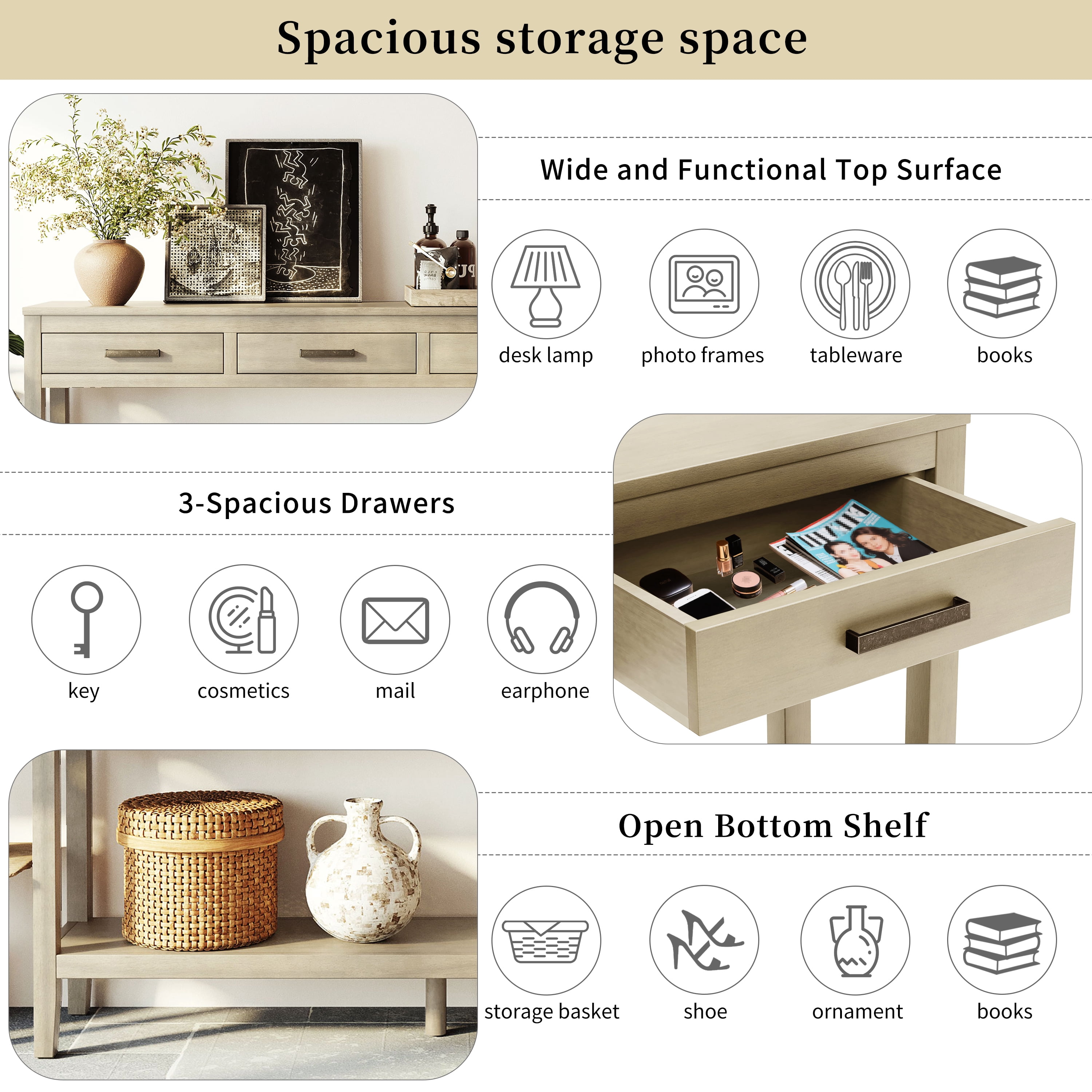 EUROCO 59.1" Longer Console Table, Narrow Wood Sofa Table with 3 Drawers and Open Storage Shelf,2 Tier Behind Couch Table Entryway Table for Living Room,Entryway,Hallway,Gray