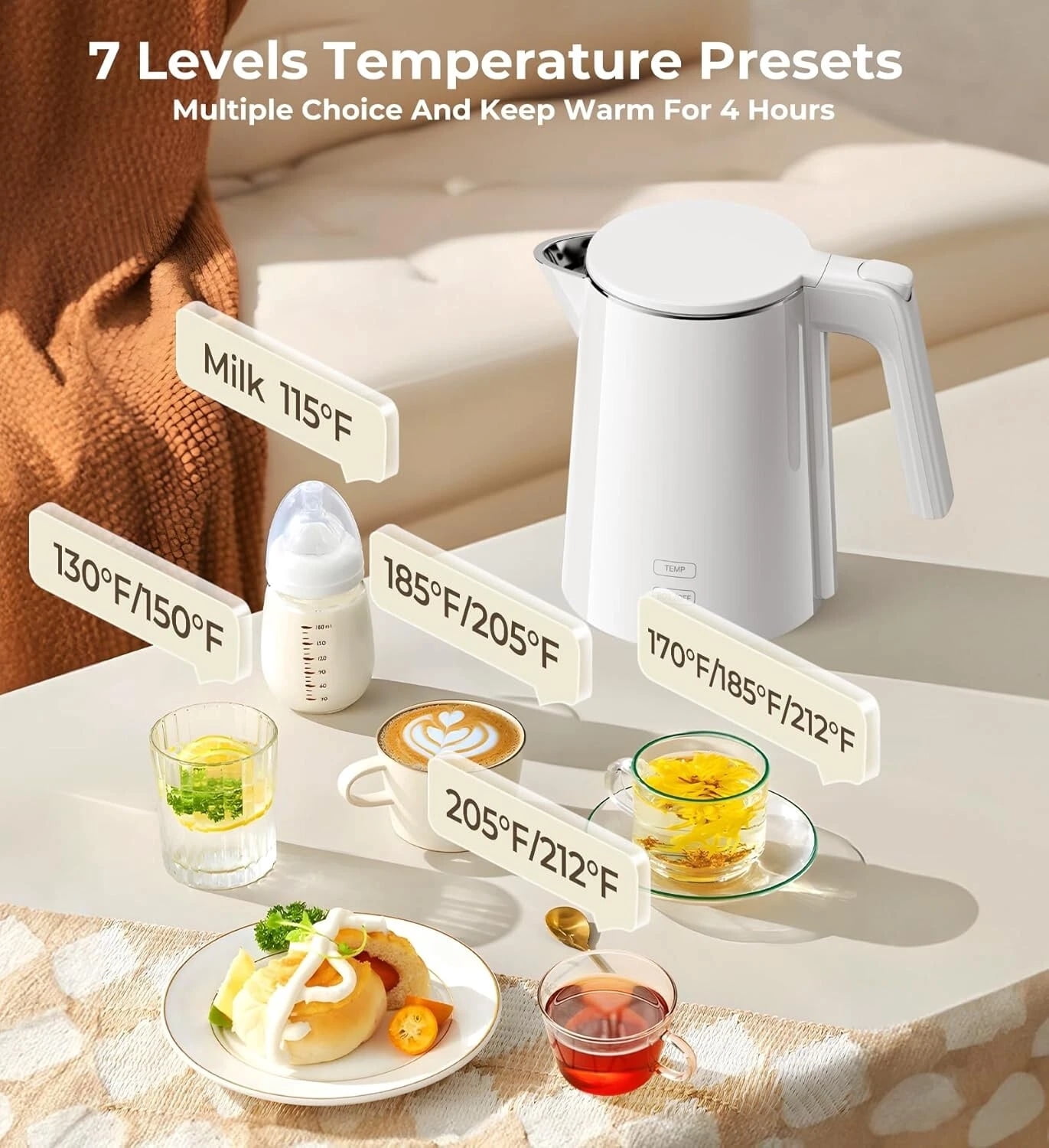 Electric Kettle 1.0L | 7 Temp Control, Cool Touch, Keep Warm, Auto Shut-Off-WHITE
