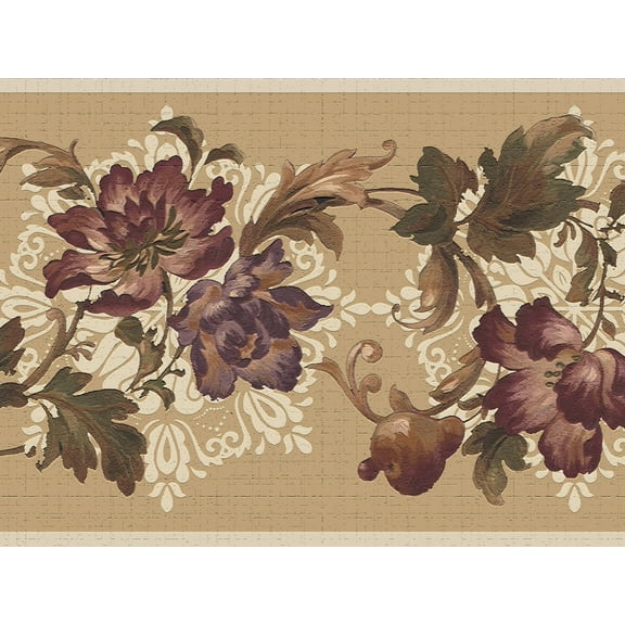 Dundee Deco's Peel and Stick Wallpaper Border - Floral Brown Burgundy Beige Flowers and Leaves Wall Border Retro Design, 15 ft x 7 in, Self Adhesive