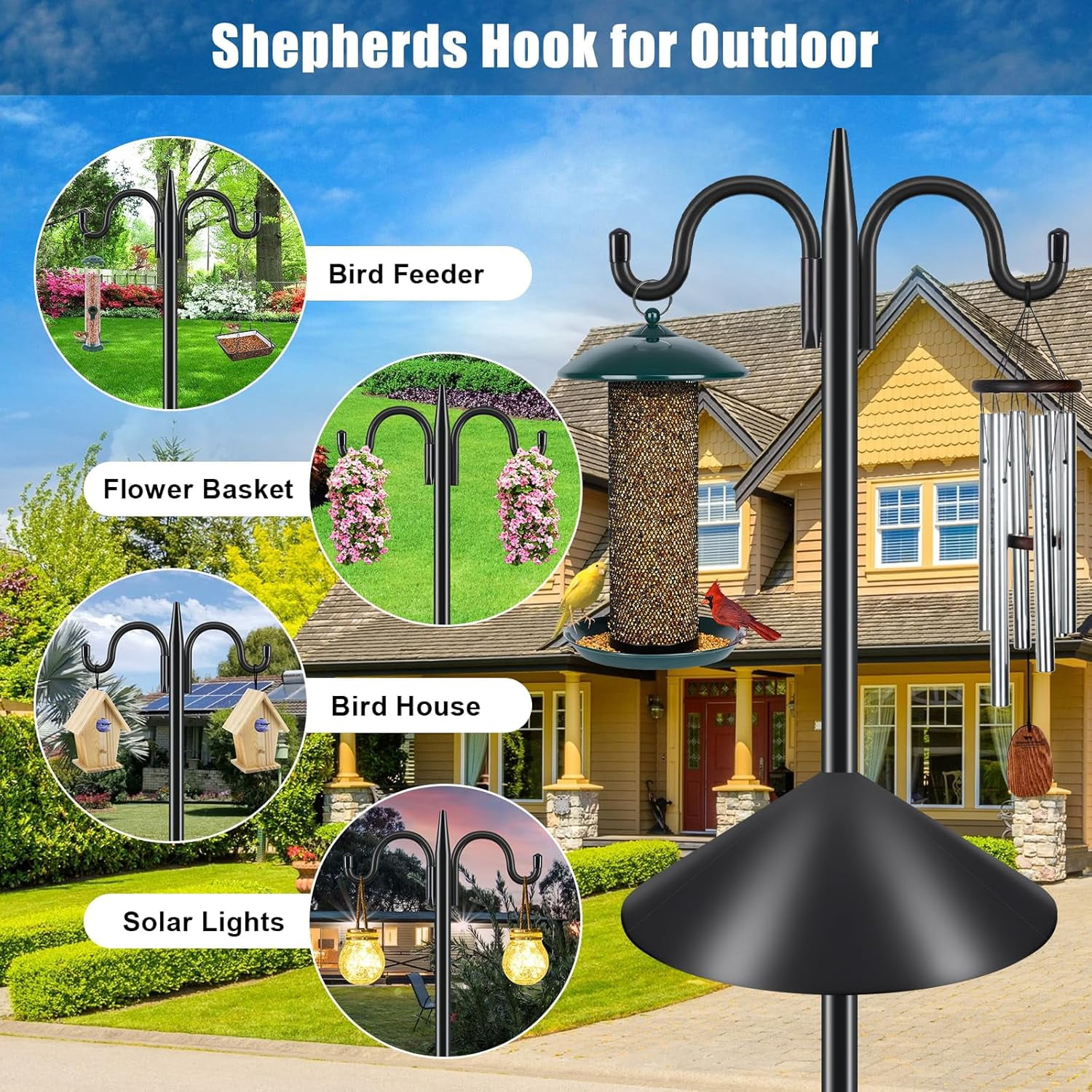 Double Shepherds Hook for Outdoor, 2 Pack 63 Inch Heavy Duty Bird Feeder Pole 5/8 Inch Thick Garden Hooks for Hanging Hummingbird Feeder, Plant Baskets, Solar Light Lanterns