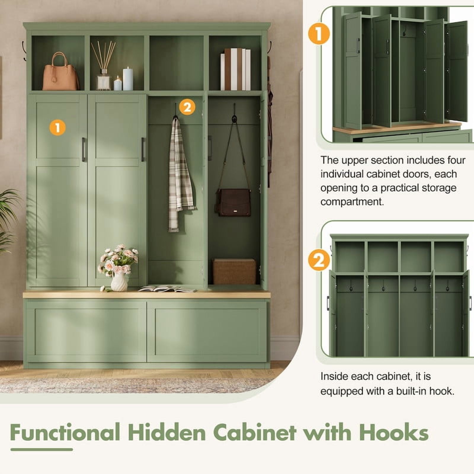 Farmhouse Hall Tree w/ 4 Cabinets w/ Door, Mudroom Coat Rack w/ Open Shelves, Entryway Storage Shoe Bench w/ 2 Drawers & 6 Hooks