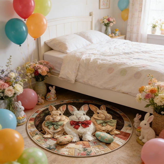 Weloille Easter Bunny Egg Round Shaggy Rug, Skin Friendly Soft 3D Visual Anti-Slip Washable Fluffy Carpet, Decorative Round Rugs for Living Room Sofa Bedroom Home Decor