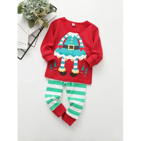 

Boys Cute Christmas Elk Print Long Sleeve Crew Neck Top Pants Pajama Set