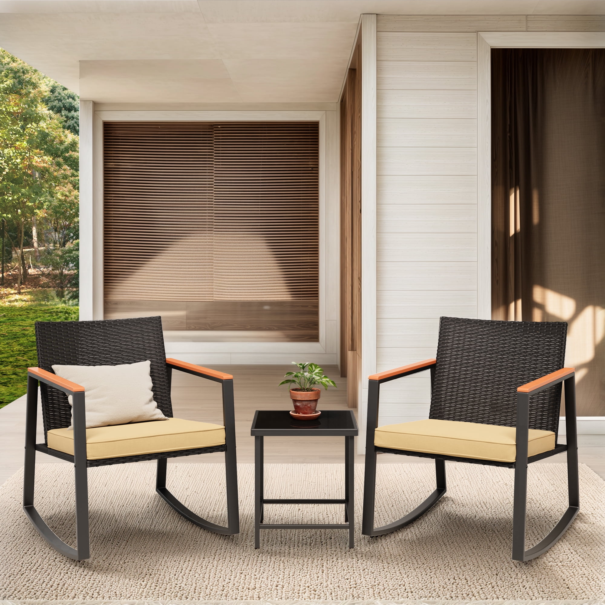 Patio furniture Sets of 3, Asofer Rocking Patio Bistro Set with Caffee Table for Poolside,Yard, Porch, Beige