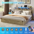 thumbnail image 3 of Farmhouse Bed Frame with LED Lights and Charging Station, King Bed with Storage Headboard with Sliding Door, Rustic Oak, 3 of 4