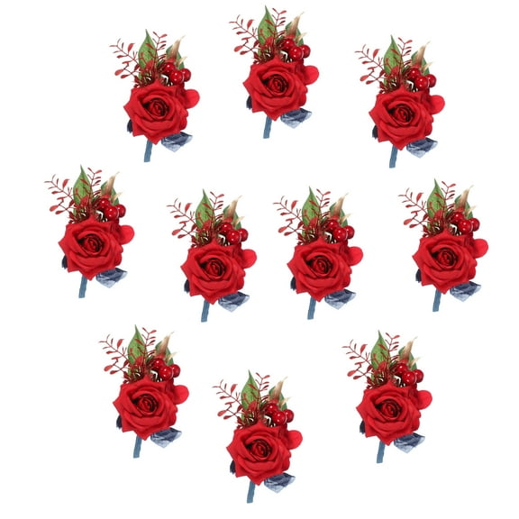 10pcs Red Boutonnieres for Men, Artificial Flower Buttonholes Pocket Corsage