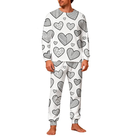 Lorytime Couple Pajamas Matching Sets Valentines Day Heart Long Sleeve Crewneck Tops with Pockets Pants Men Homewear