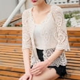 thumbnail image 6 of Women Knitted Lace Shrug Boho Hollow Crochet Floral 3/4 Sleeves Open Front Cropped Cardigan Elegant Mesh Sweater Coveup, 6 of 11