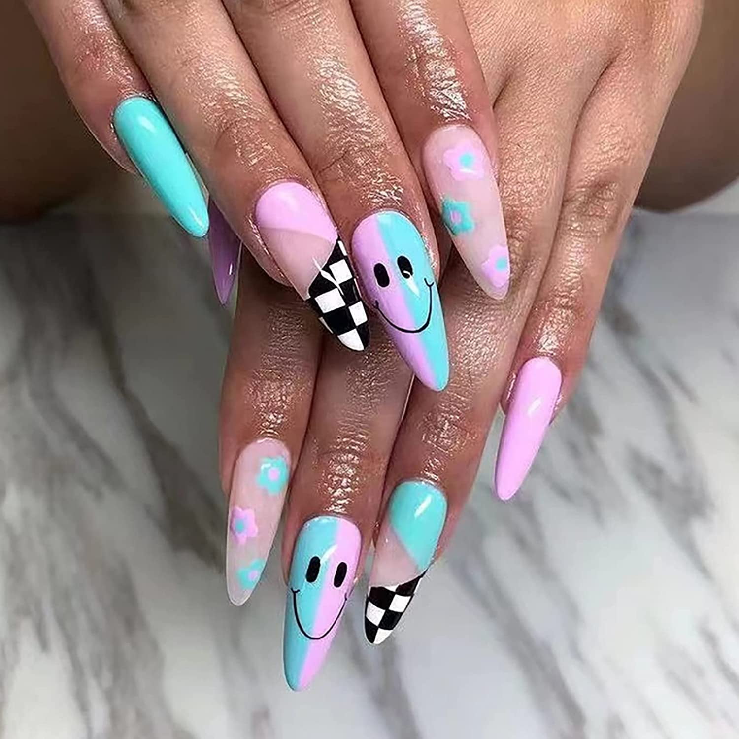 French Tip Press on Nails Long with Smiley Face Designs, Fake Nails Almond  with Nail Glue, Acrylic Glue on Nails for Women/Daily/Party, 24PCS/Set(Pink  Blue-Smile) 