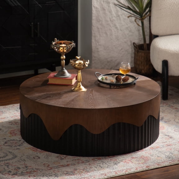 Kevinplus Round Coffee Table，Wooden Tea Table for Living Room, Black,Walnut,30.31 inch