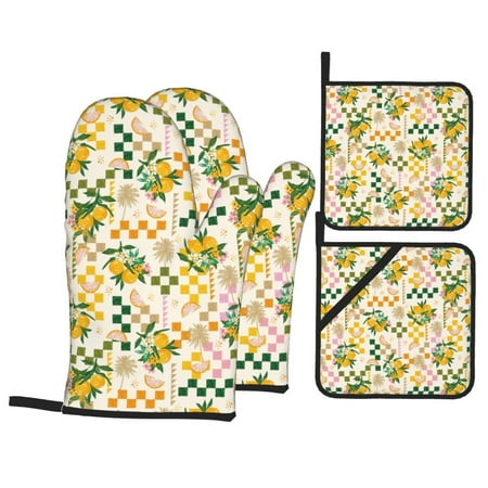 

Oven Mitts and Pot Holders 4 pcs Set Fruit Heat Resistant Pot Holders Oven Mitts for kitchen Non-Slip Hanging Loop Oven Glove Potholders for Baking Cooking