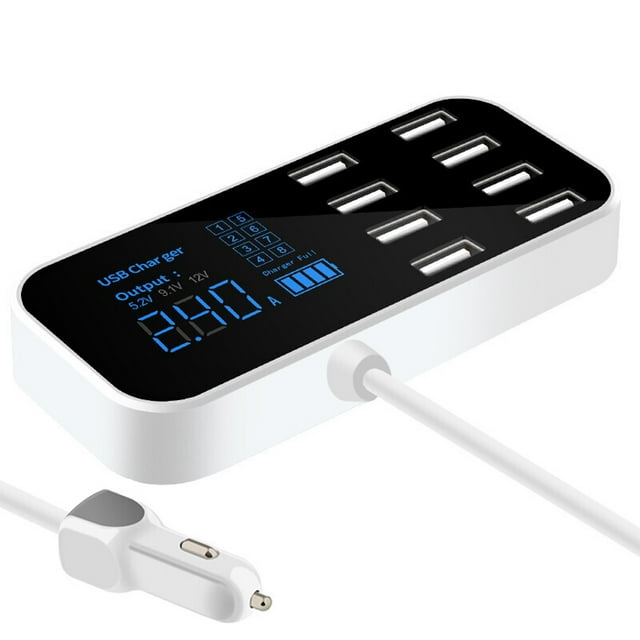 Intelligent Car Charger A9S with 8 USB Ports, 5V 1-2.4A Smart Fast Charging, LED Voltage & Current Display, 40W Max Output, DC12V-24V Input, Black and White Design, Compact Size 11.5*5.2*1.7cm