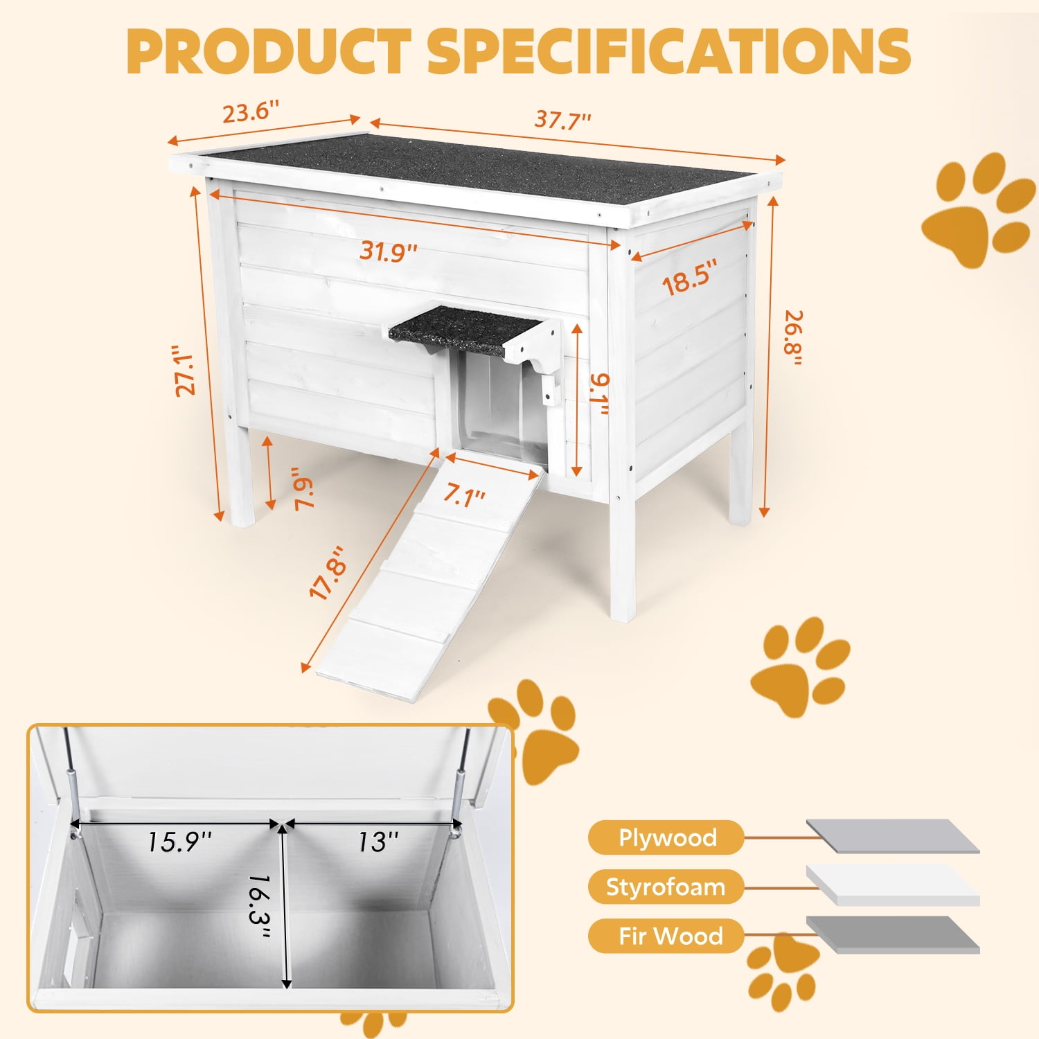 Hidpriva Insulated Wooden Outdoor Cat House, Weather-Resistant Feral Cat Shelter for Winter w/ Foldable Ladder & Visible Window, White