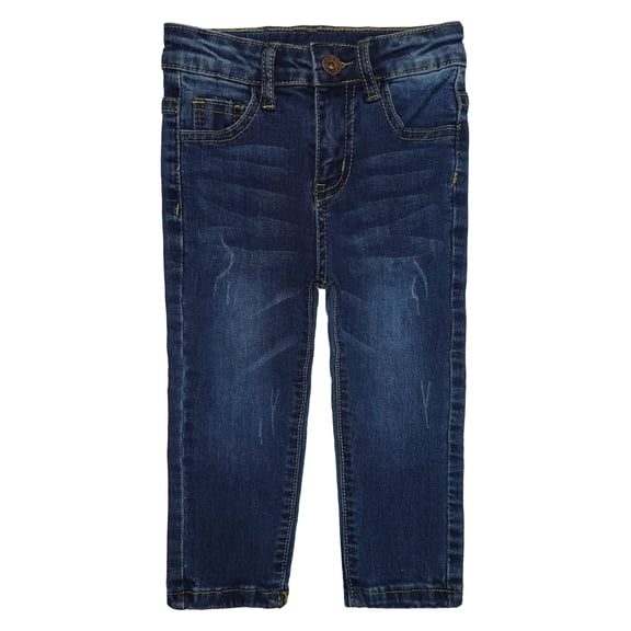 KIDSCOOL SPACE Little Girls Boys Jeans,Elastic Band Inside Ripped Straight Fit Stretchy Soft Denim Pants,Deep Blue,4-5 Years