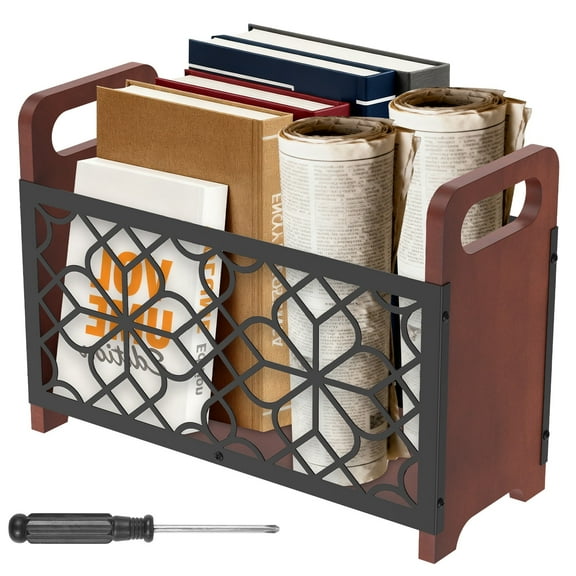 Magazine Storage Basket Wooden Newspaper File Holder Rack Desktop Folder Organizer with Handle for Coffee Table Bookshelf Desk