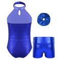 thumbnail image 2 of TiaoBug Kids Girls Sparkle Sequins Halter Neck Gymnastics Leotard Ballet Dance Bodysuit with Shorts Hair Band Set Royal Blue 12, 2 of 7