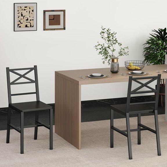 Dining Chair Set of 2, Rustic Wooden Kitchen Chairs with Backrest, Farmhouse Dining Chairs for Kitchen, Industrial Style Chair with Metal Frame, Easy Assembly, Black