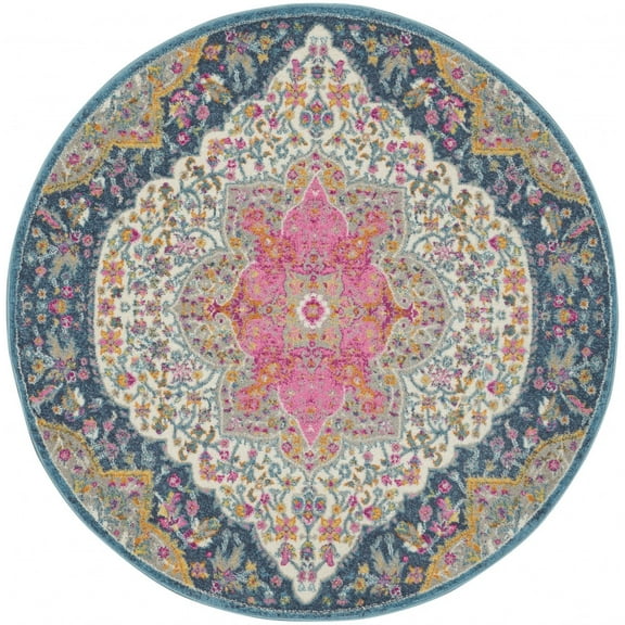 4 ft. Round Blue & Pink Medallion Area Rug