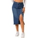 thumbnail image 1 of Falda de mezclilla casual de mujer Inspire Chic, de talle alto, con abertura frontal, hasta la rodilla, en color azul oscuro, talla XL, 1 of 5