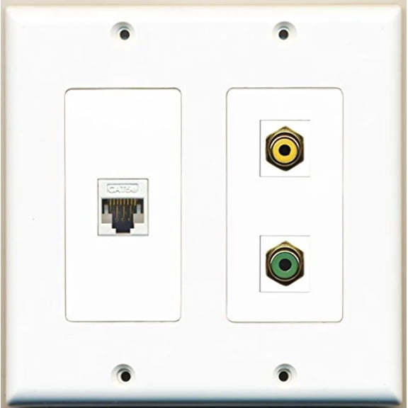 RiteAV - 1 Port RCA Yellow 1 Port RCA Green 1 Port Cat5e Ethernet White - 2 Gang Wall Plate