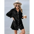 thumbnail image 6 of Women'S Button Down Denim Shirt Dress Lantern Long Sleeve Tiered Baydoll Jean Mini Dress Black Grey S, 6 of 9