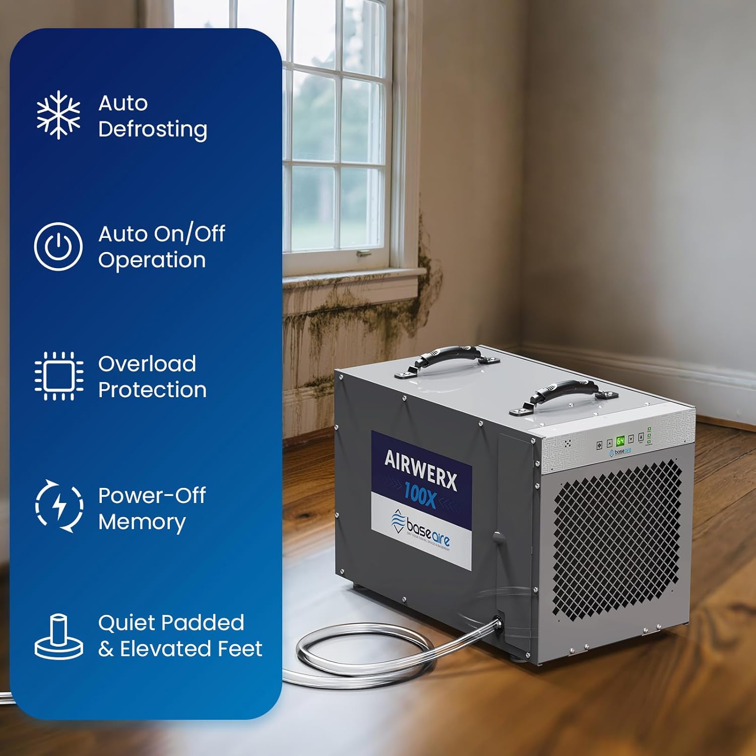 BaseAire 220 Pints Crawlspace Dehumidifiers with Pump and Drain Hose, Up to 2900 Sq Ft ,Commercial Dehumidifier for Home,Garage and Basement, Large Capacity,  Auto Defrost, Intelligent Control