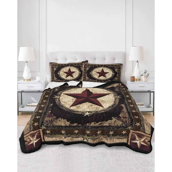 Quilts Twin Size, Western Stars Brown Soft Comforter Bedding Set for Bed, Farmhouse Country Vintage Wood Grain Lightweight Quilted Bedspread with Pillow Cover(2 Pieces) for All Season, 68x86 Inch