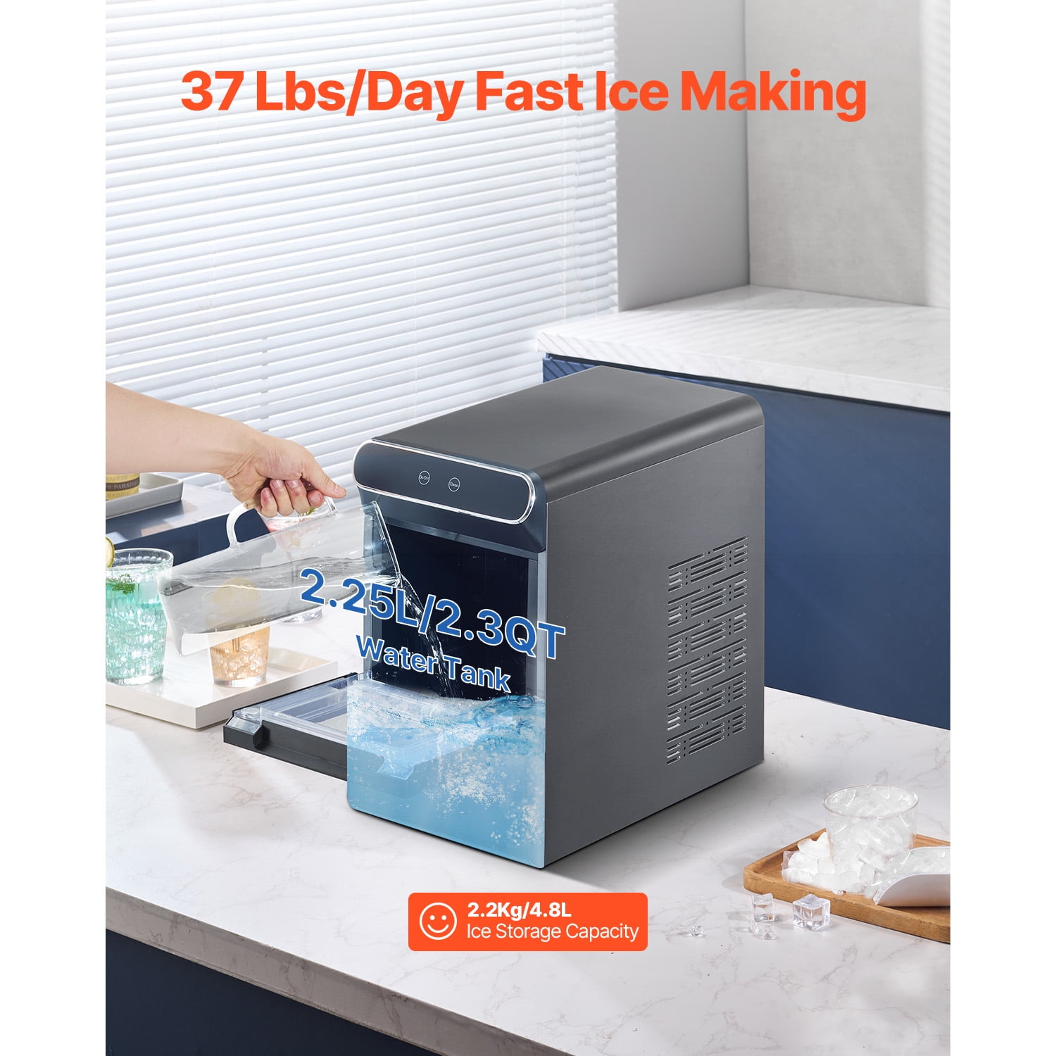 KFFKFF37lbs/24H Countertop Ice Maker Nugget Ice Maker Self-Cleaning Portable Ice Maker with Ice Scoop & Drip Tray