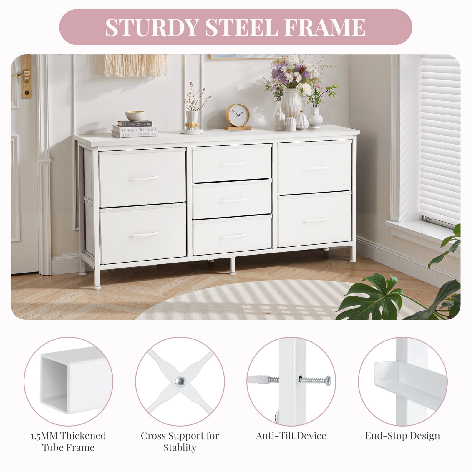 Dresser, Betcozy Storage Organizer with 7 Drawers for Bedroom, Chest of Drawers with Fabric Bins, Sturdy Metal Frame, Wood Tabletop for Guest Room, Closet, Entryway, Nursery, White