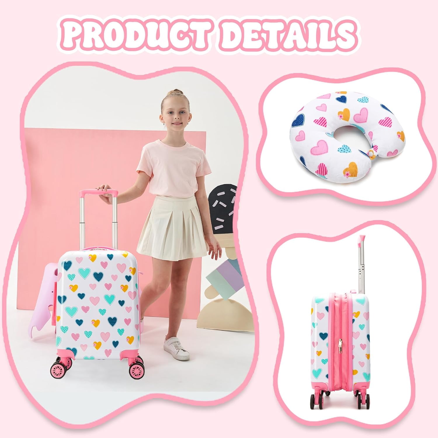 Kids Luggage Sets Carry on Suitcases for Girls Women with Wheels Hardshell Suitcase with Duffle Bag for Travel Neck Pillow Airplane