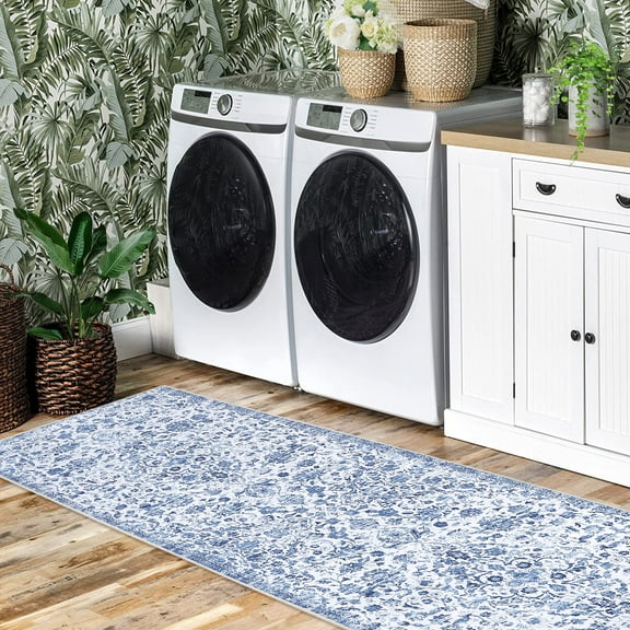 HOMERRY Runner Rug 2' x 6' Washable Modern Vintage Floral Hallway Runner Carpet for Doorway Bedside, Blue